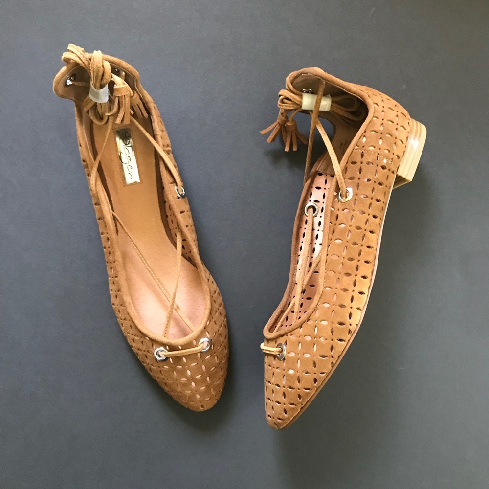 Perforated Lace Up Ballet Flats Brown Sandals Leather